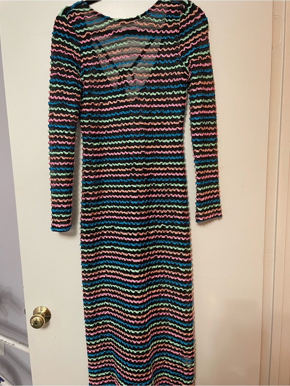 Artsy Black Sheer Long Sleeve Maxi Dress with Pink, Blue, Green & Coral Waves